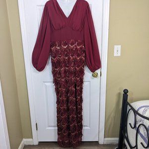 Miss Ord Burgundy Sequin Fringe Sheer Long Sleeve Formal Maxi Dress -  XL NWT